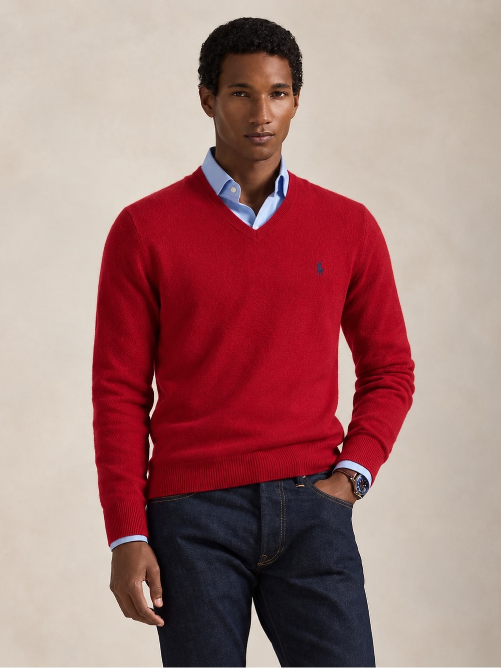 Polo Ralph Lauren 100% Lambswool Men’s Wool V-Neck Sweater Red Size Large c